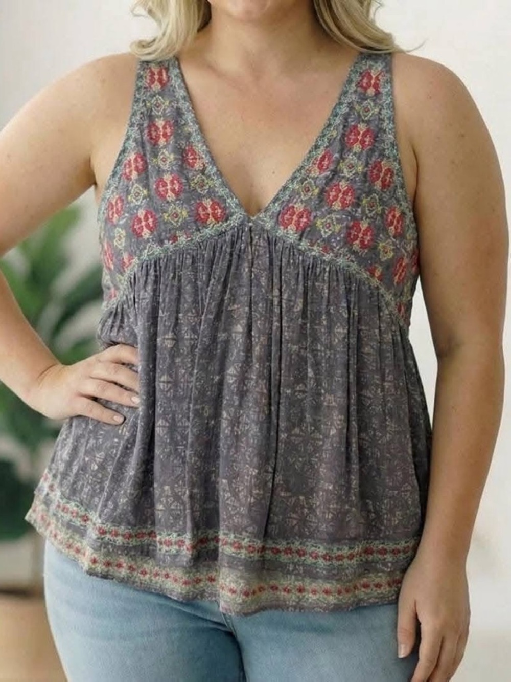 Savanna Jane Gray Sleeveless V-Neck Babydoll Tank with Pink Floral Embroidery